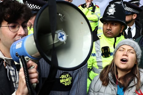 BRITAIN-ENERGY-CLIMATE-DEMOSwedish climate activist Greta Thunberg shouts slogans with fellow protesters outside the InterContinental London Park Lane during the “Oily Money Out” demonstration organised by Fossil Free London and Greenpeace on the sidelines of the opening day of the Energy Intelligence Forum 2023 in London on October 17, 2023. (Photo by HENRY NICHOLLS / AFP) (Photo by HENRY NICHOLLS/AFP via Getty Images)