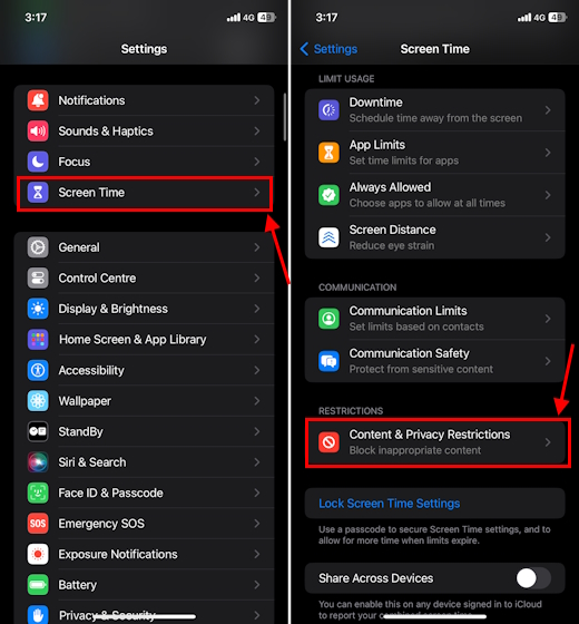 Content & Privacy Restrictions in Screen Time settings on iPhone