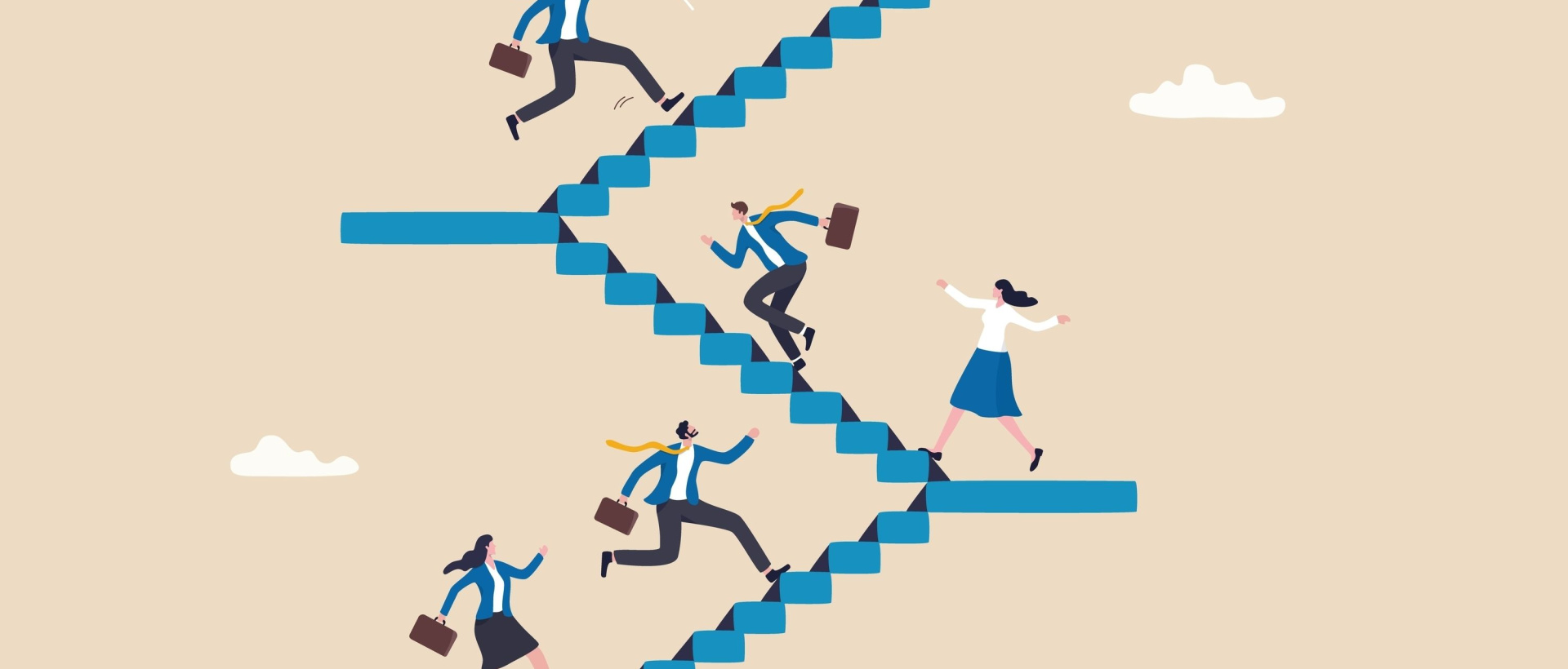 Employees climbing career stairs