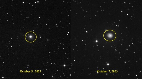 A comparison of how the erupting comet looked