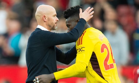 André Onana with the Manchester United manager Erik ten Hag