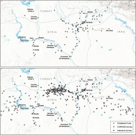 The location of Antoine Poidebard's 116 forts (top) and the newly-discovered 396 sites