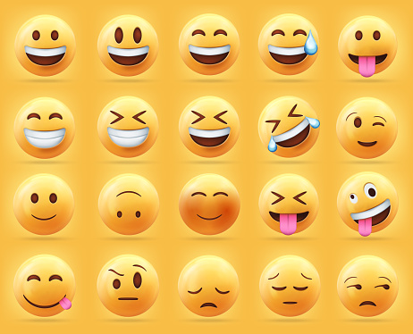 3d set vector of yellow face emoji icon isolated on yellow background