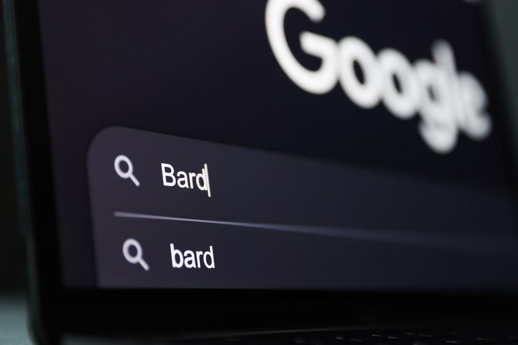 'Bard' word in Google search engine is seen displayed on a laptop