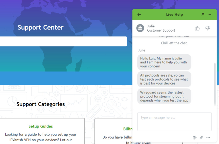 My conversation within IPVanish’s 24/7 support chat.