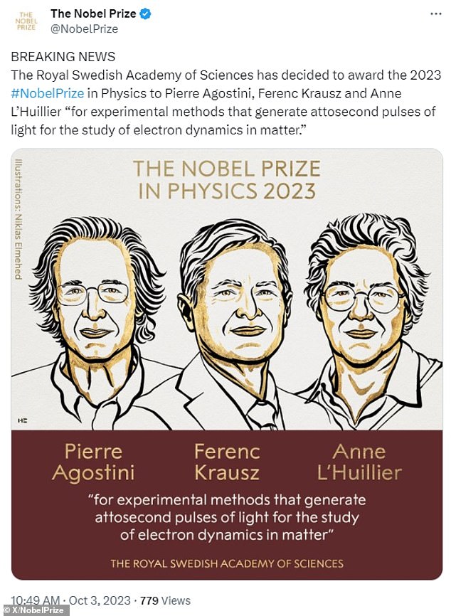 Pierre Agostini, Ferenc Krausz and Anne L’Huillier have been awarded for experimental methods that generate attosecond pulses of light for the study of electron dynamics