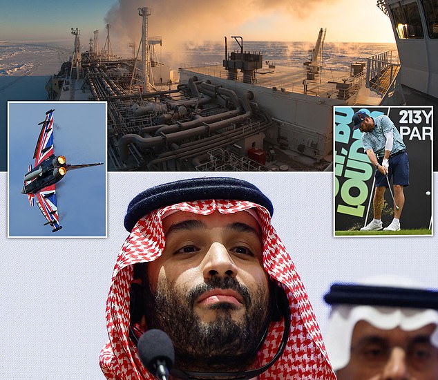 New age: The Eurofighter (left) was a traditional Saudi priority; now Mohammed bin Salman is keen on LNG development (top) and the LIV golf tour