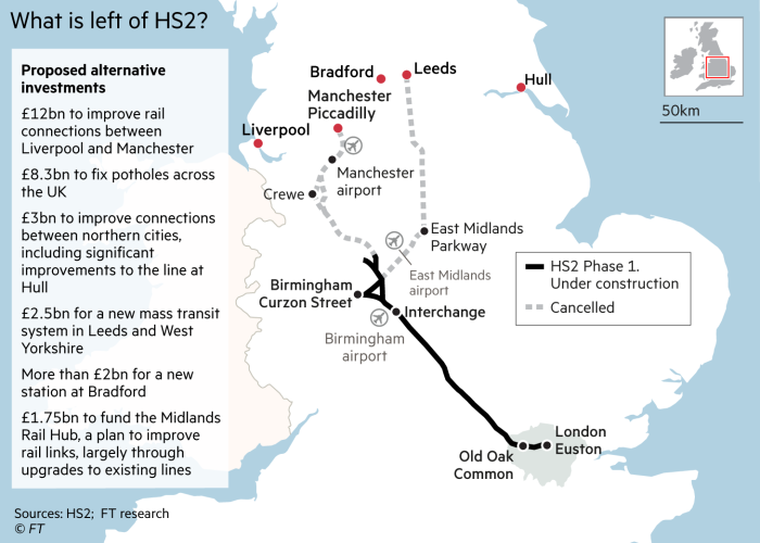 Map showing what is left of HS2 rail, with details of proposed alternative investments