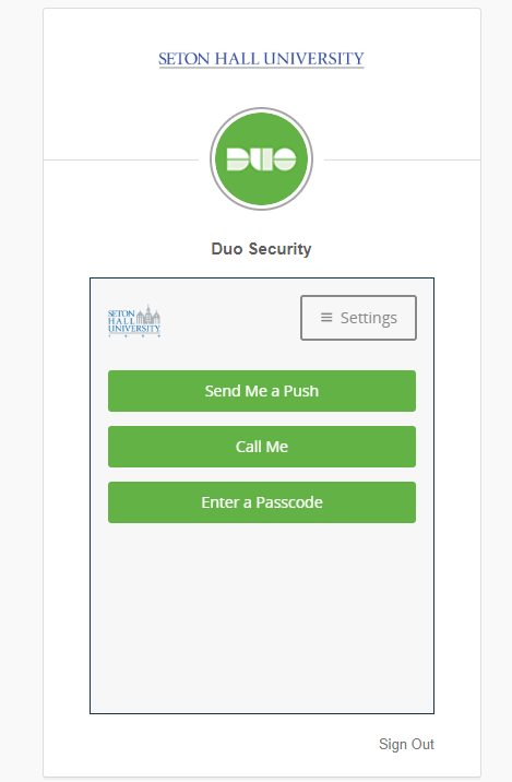 Seton Hall MFA login screen