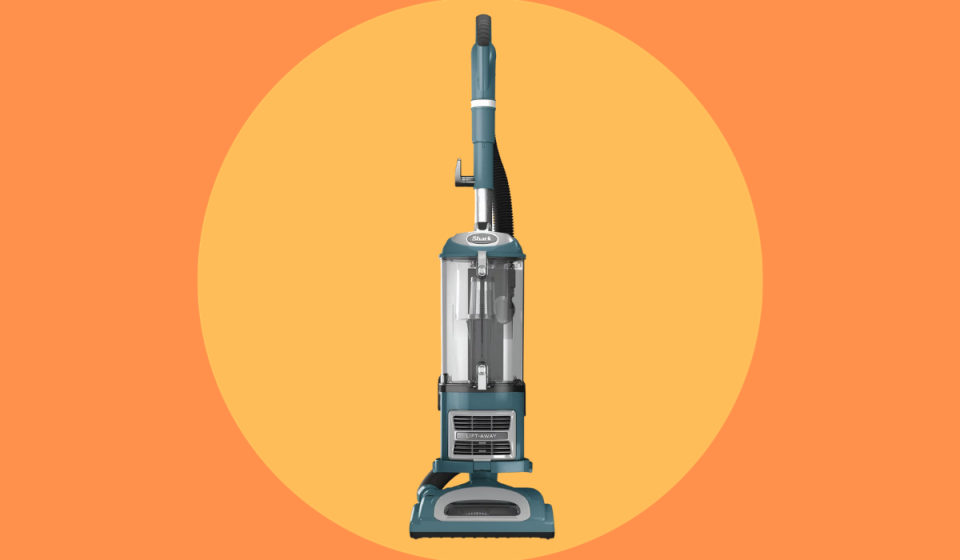 upright teal-and-grey vacuum