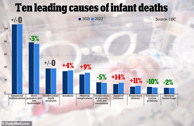 The above shows the top ten leading causes of infant deaths and whether they have risen or fallen in 2022 (light blue) compared to 2021 (dark blue)