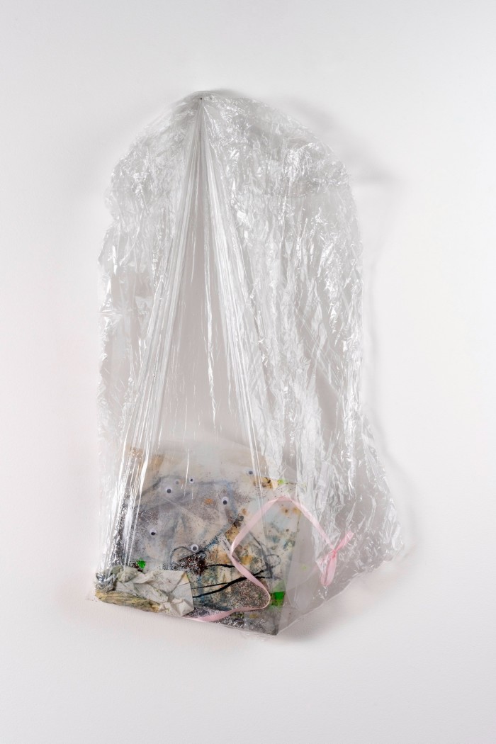 A small painted canvas and other objects in a plastic bag affixed to a gallery wall