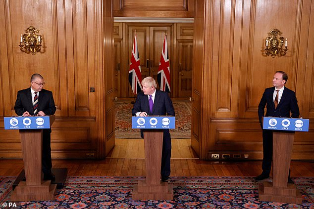 Lord Stevens (right, in December 2020 at a Downing Street briefing), 57, has been friends with former PM Boris Johnson (centre) since their time together at Oxford University, where he helped secure Mr Johnson's election as president of the Oxford Union