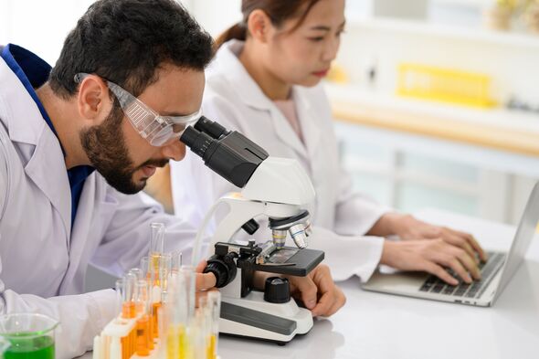 Microbiologist biotechnology researcher worker with microscope in the lab