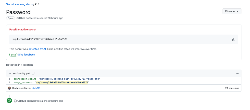 Screenshot of GitHub secret scanning.