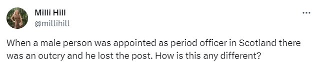 Feminist author Milli Hill argued that the appointment was no different to a controversial case last year where a man was appointed Scotland's first ever period dignity officer