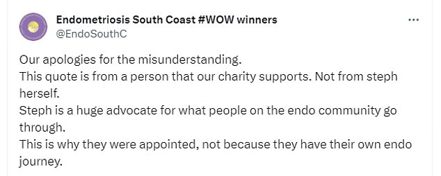 The charity was eventually forced to issue an apology and clarification that the quote came from a person the charity supported rather than Ms Richards herself