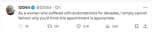 Some endometriosis, suffers, like a user who only went by IDD64, said they struggled to understand how the charity could consider this appropriate