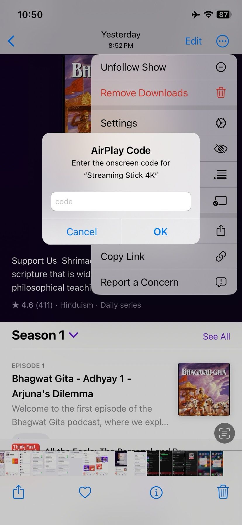 Enter AirPlay code on iPhone