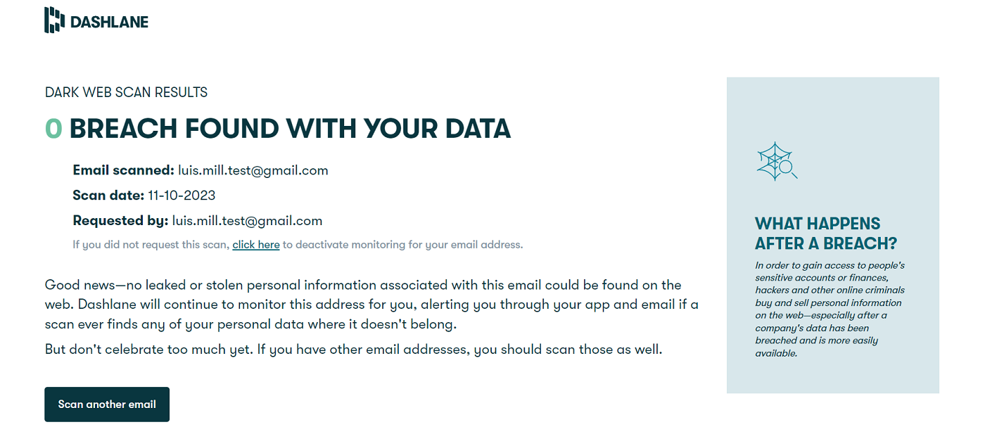 Screenshot of Dark Web Scan results for Dashlane.