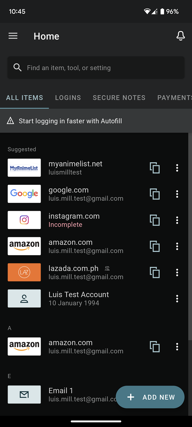 Screenshot of Dashlane mobile app.