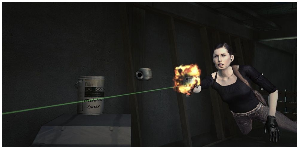 Mona from Max Payne 2 flying through the air while firing a gun