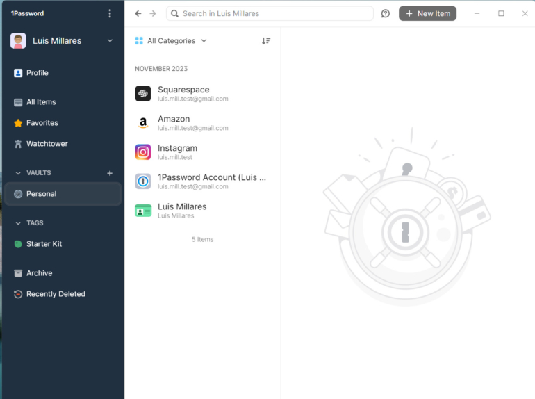 1Password’s main dashboard. 