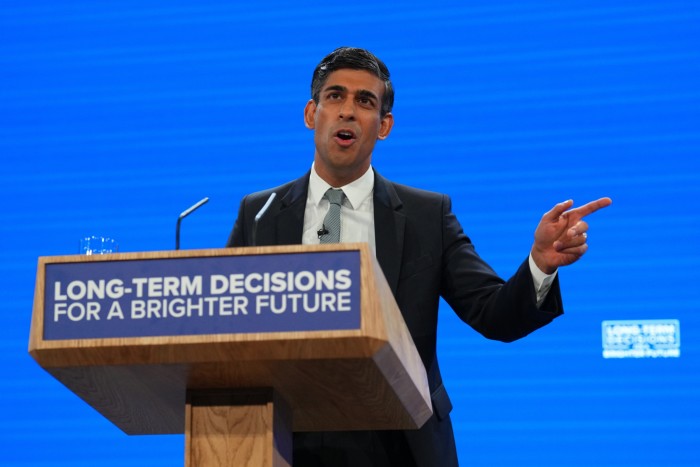 Rishi Sunak speaks at the Conservative Party Conference on October 