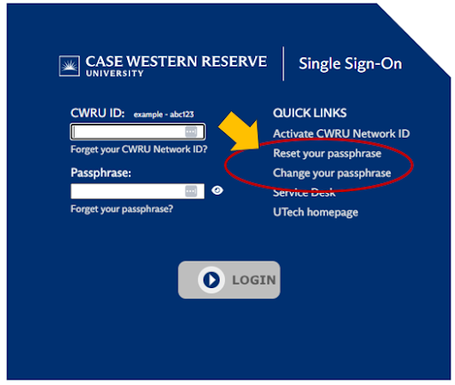 This is a screenshot of the CWRU Single Sign-On screen, with a circle and an arrow over the right-hand column of links to the pages for our self-service operations such as resetting your passphrase or contacting the Service Desk. The screen has two columns. The left-hand side reads: [Logo: Case Western Reserve University] [Text: Single Sign-On]
CWRU ID: example – abc123
[Text input box for username]
Passphrase:
[Text input box for passphrase]
[Link: Forgot your passphrase?]
The right-hand column reads:
QUICK LINKS
[Link: Activate CWRU Network ID]
[Link: Reset your passphrase]
[Link: Change your passphrase]
[Link: Service Desk]
[Link:UTech Home Page]

[Button: Login]