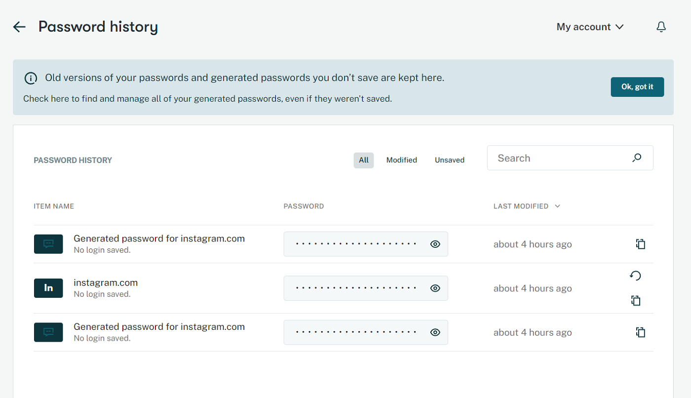 Screenshot of password history of dashlane.