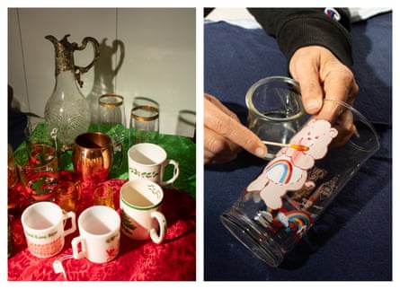 Left: High levels of lead in vintage holiday dishware and a Moscow mule mug. Right: Tamara Rubin performs a home lead test on vintage glassware, which immediately tests positive for lead.