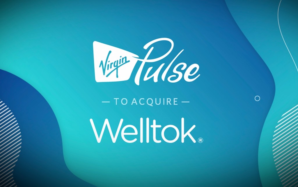 the logos of Virgin Pulse and Welltok on a blue swirling background