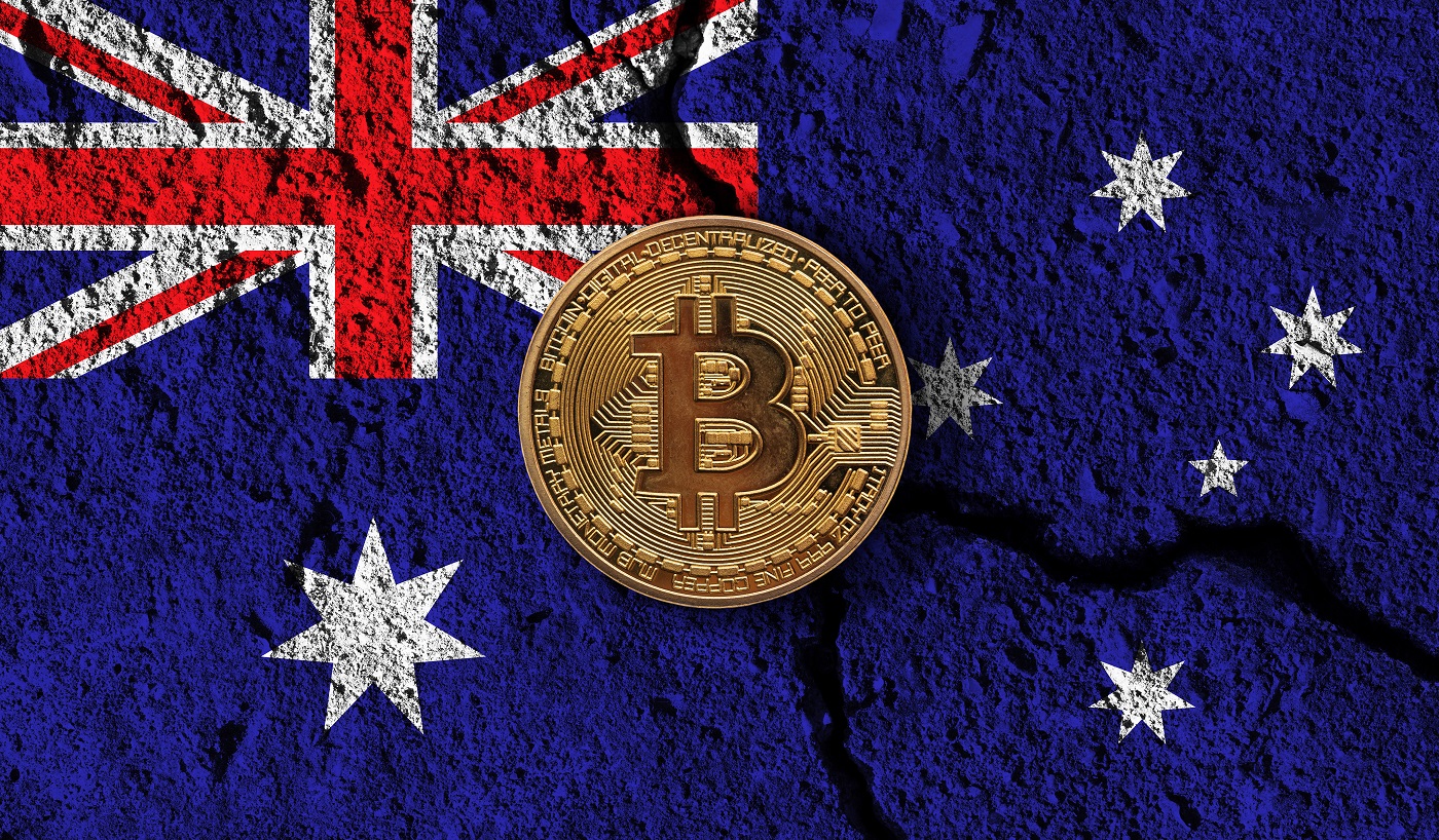 Bitcoin cryptocurrency on Australian flag.