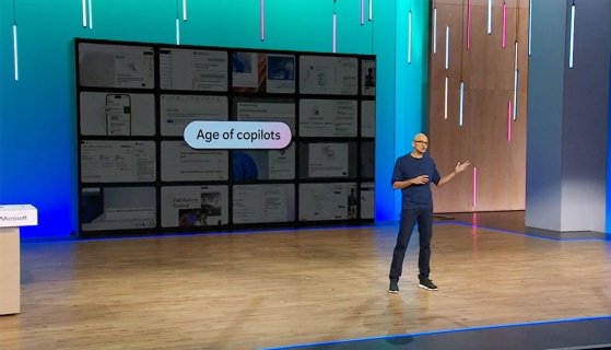 Satya Nadella presents on Microsoft Copilot at Ignite 2023.