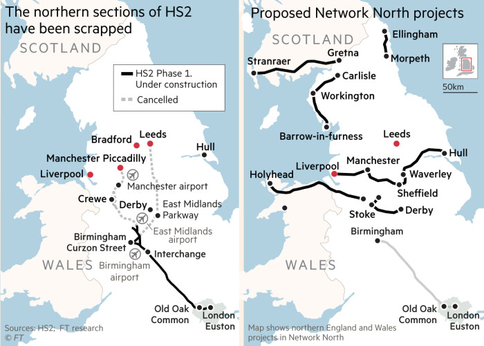 Two maps showing: The northern sections of HS2 were scrapped and the second map showing Proposed Network North projects