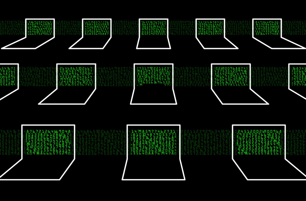 illustration of array of laptops with green data on screens