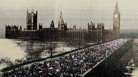 Ellie Foreman-Peck illustration of protesters on Westminster bridge with the houses of parliament and Big Ben in the distance.