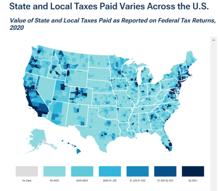 Tax Foundation map showing state and local taxes paid as reported on federal tax returns in 2020