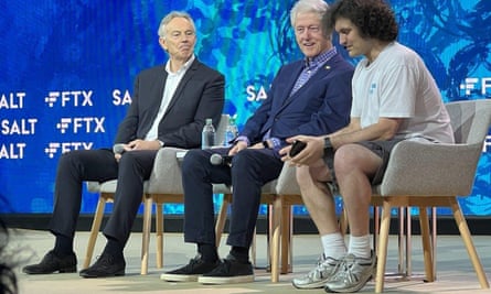 Sam Bankman-Fried, right, on stage with Bill Clinton, centre, and Tony Blair at the Crypto Bahamas conference in April 2022.