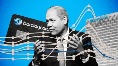 Cutout photo of Barclays group CEO CS Venkatakrishnan against a background of an image of a Barclaycard, the Barclays building in Canary Wharf and dot graph lines