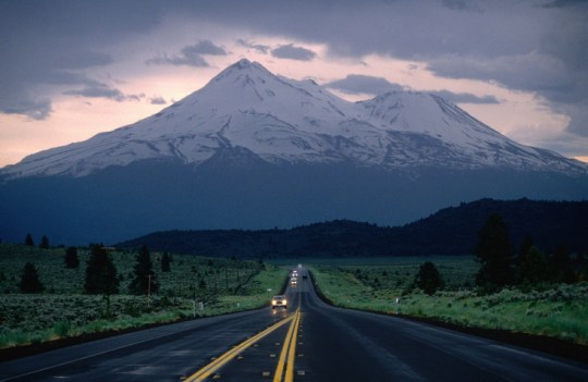 Mt Shasta and traffic on Highway 97.