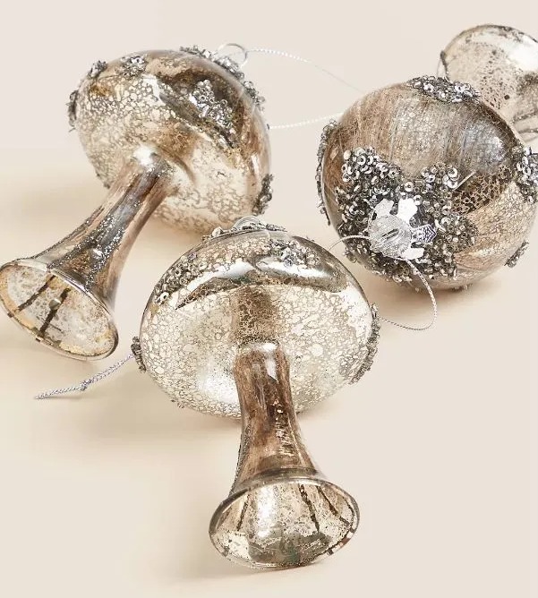 These Christmas silver toadstool tree decorations are £15 from M&S