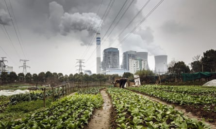 A man tends to vegetables growing in a field as smoke plumes rise from cooling towers at a coal-fired power station in Tongling, Anhui province, China.