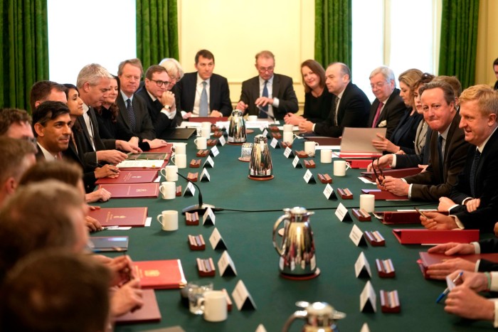 Sunak leads a cabinet meeting with David Cameron opposite him. Cameron’s appointment  was presented as a reassuring pitch to Remain-voting Tories, but to rightwingers it felt like Sunak had chosen a side