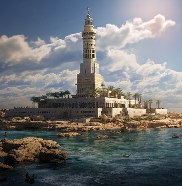 The Lighthouse of Alexandria was destroyed by earthquakes hitting the ancient Egyptian harbor. AI recreated the amazing structure as if it had never been rocked by the events
