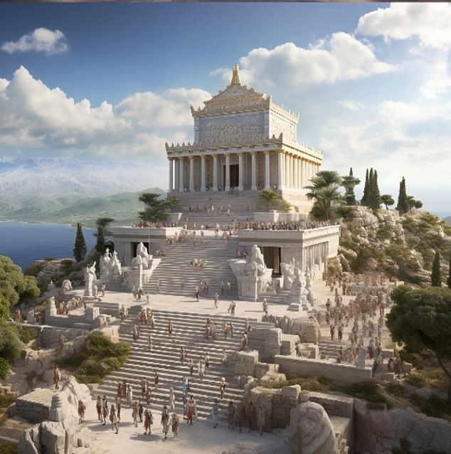 AI reimagined the giant tomb with tourists rushing up the stairs to look at the wonder that was built in 350BC. It held the remains of Mausolus, ruler of Caria