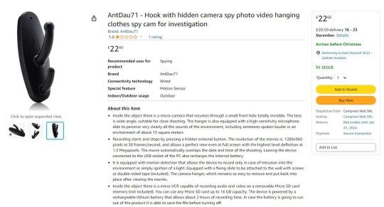 Another hidden spy camera says describes it as being for 'investigation' (Picture: Amazon.co.uk)