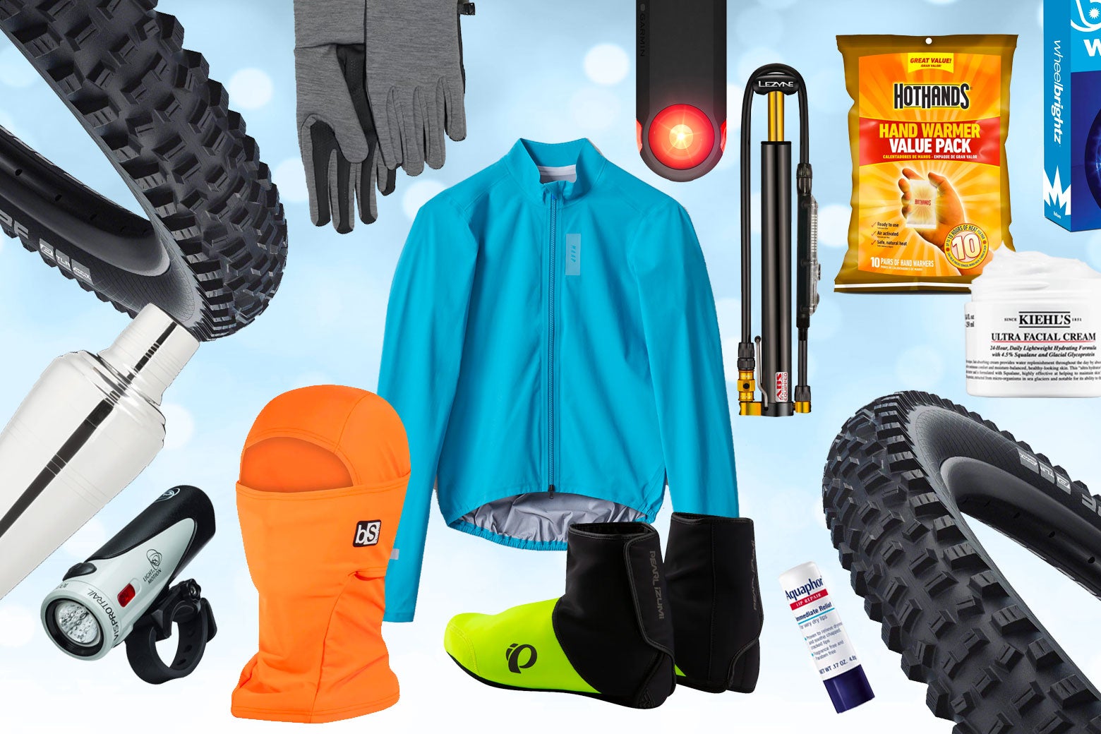 A collage of the recommended gifts, including gloves, hand warmers, a balaclava, and winter tires.