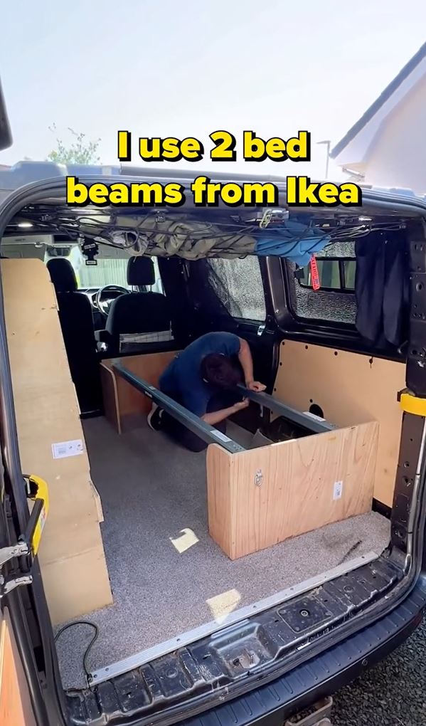 The key for Stephen in holding the bed up is two beams from Ikea