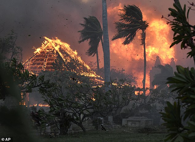 Hawaii wildfires: The hall of historic Waiola Church in Lahaina and nearby Lahaina Hongwanji Mission are engulfed in flames along Wainee Street on August 8, 2023